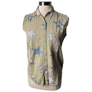 Vintage Quizz New York Americana Star Print Sleeveless Button‎ Up Top Size Small